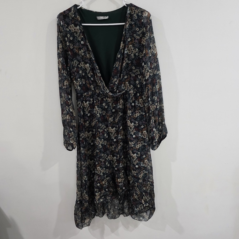 Elana Baldi‎ Womens Silk Blend Midi Faux Wrap Dress Large Floral Dainty Green